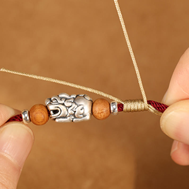 Buddha Stones 999 Sterling Silver Pixiu Charm Peach Wood Bead Handmade String Braided Luck Bracelet Anklet - image 4