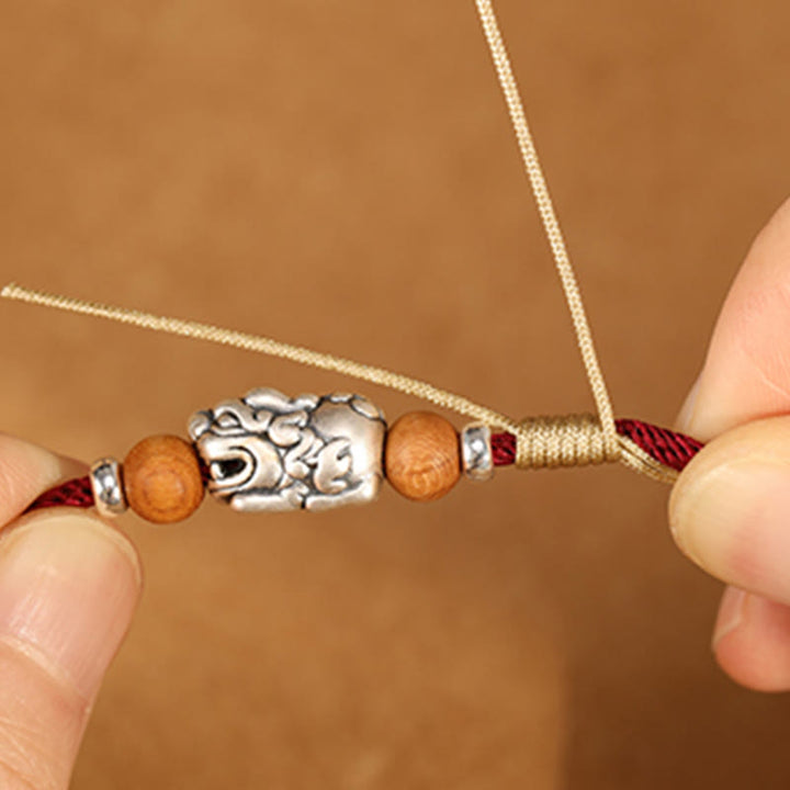Buddha Stones 999 Sterling Silver Pixiu Charm Peach Wood Bead Handmade String Braided Luck Bracelet Anklet - image 4