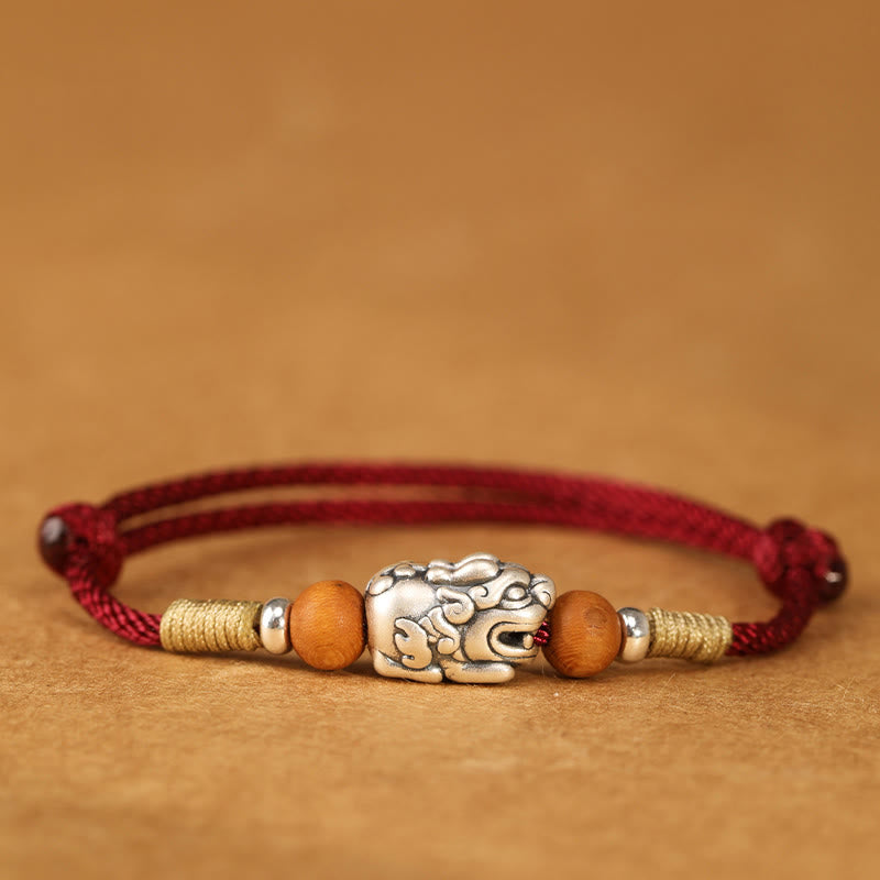 Buddha Stones 999 Sterling Silver Pixiu Charm Peach Wood Bead Handmade String Braided Luck Bracelet Anklet - Darkred String Anklet - image 1