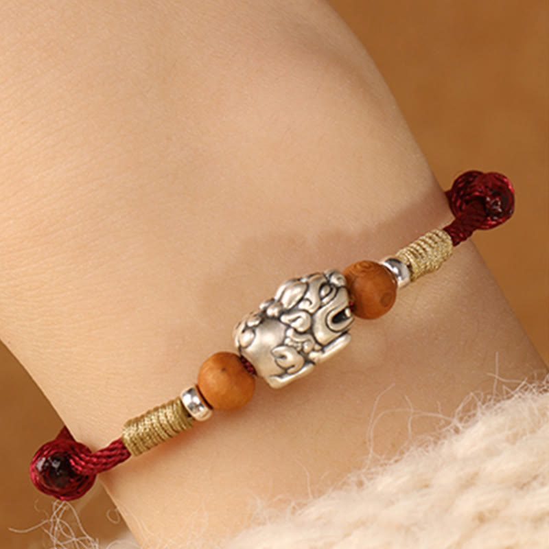 Buddha Stones 999 Sterling Silver Pixiu Charm Peach Wood Bead Handmade String Braided Luck Bracelet Anklet - image 6