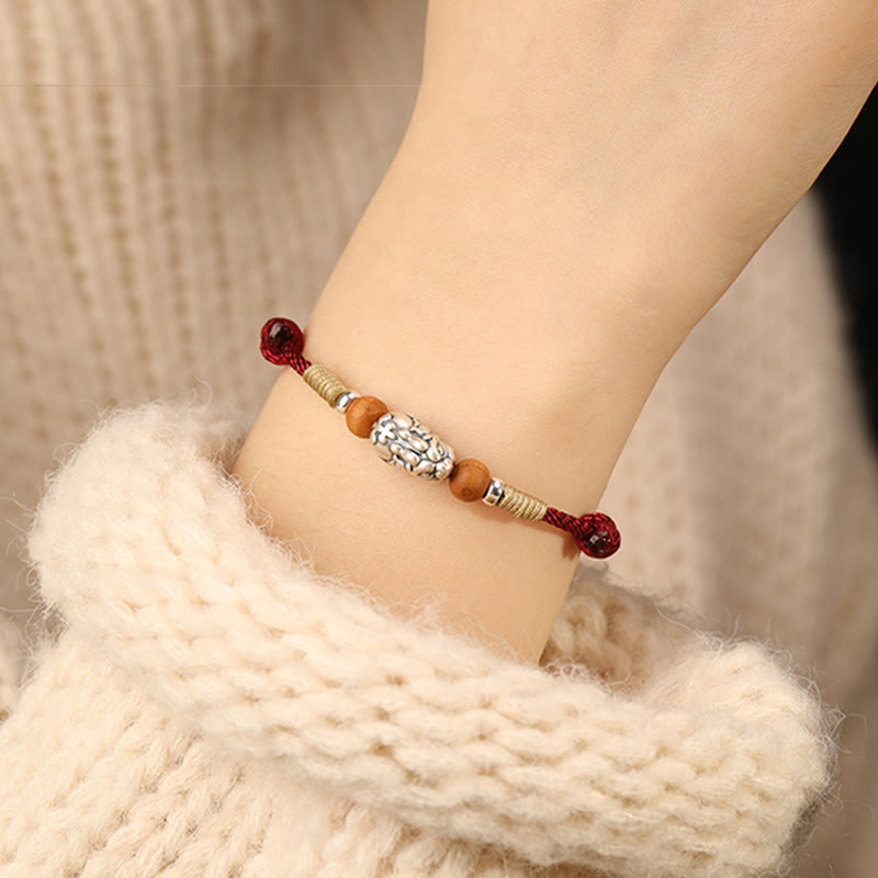 Buddha Stones 999 Sterling Silver Pixiu Charm Peach Wood Bead Handmade String Braided Luck Bracelet Anklet - image 10