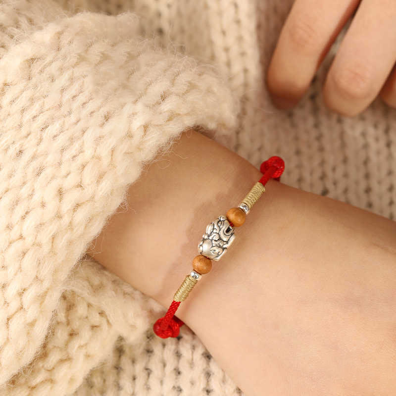 Buddha Stones 999 Sterling Silver Pixiu Charm Peach Wood Bead Handmade String Braided Luck Bracelet Anklet - image 17