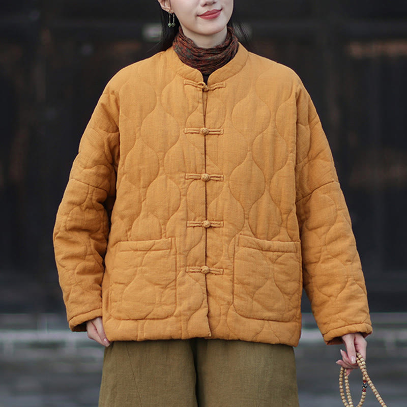 Buddha Stones Winter Curved Lines Frog-Button Ramie Cotton Long Sleeve Women's Thermal Jacket With Pockets - image 4