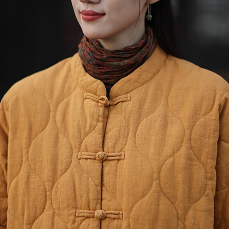 Buddha Stones Winter Curved Lines Frog-Button Ramie Cotton Long Sleeve Women's Thermal Jacket With Pockets - image 11