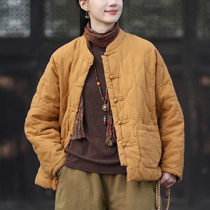 Buddha Stones Winter Curved Lines Frog-Button Ramie Cotton Long Sleeve Women's Thermal Jacket With Pockets - image 9