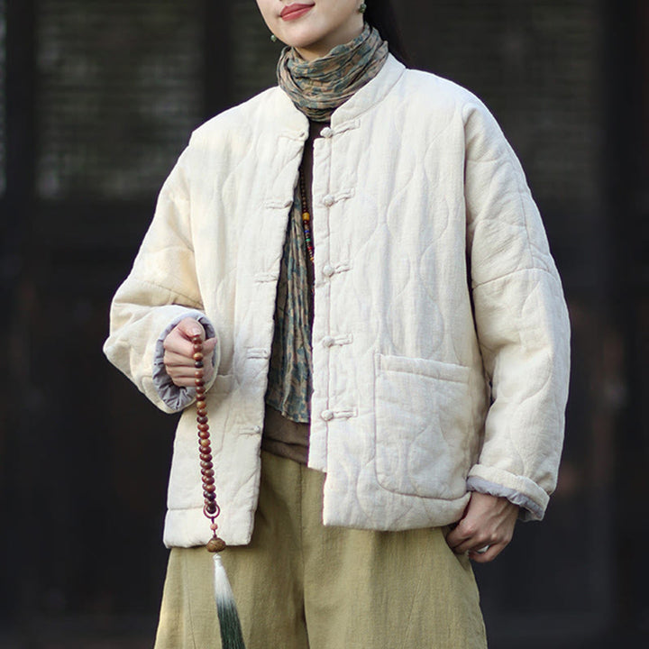 Buddha Stones Winter Curved Lines Frog-Button Ramie Cotton Long Sleeve Women's Thermal Jacket With Pockets - image 18