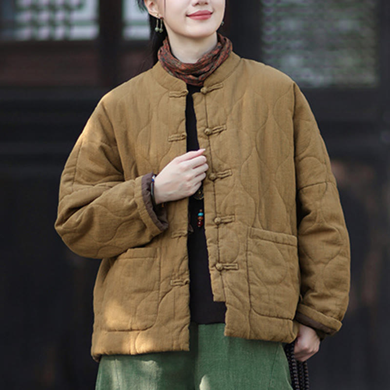 Buddha Stones Winter Curved Lines Frog-Button Ramie Cotton Long Sleeve Women's Thermal Jacket With Pockets - image 37