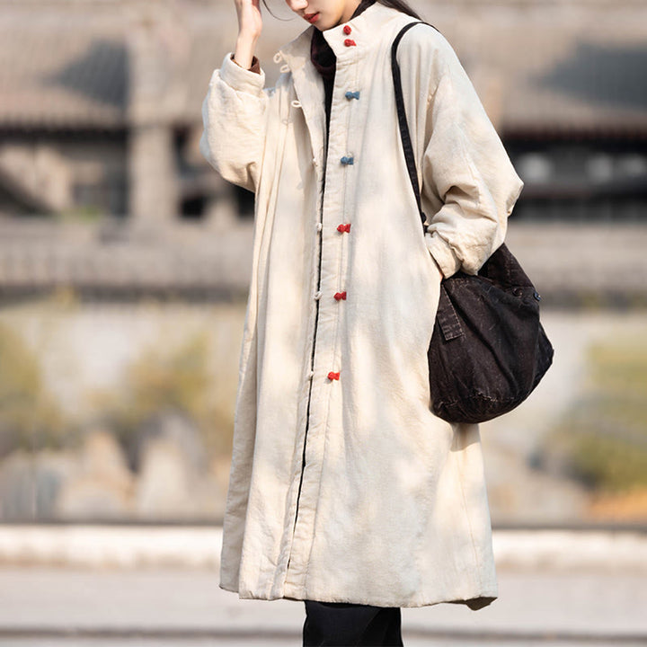 Buddha Stones Winter Solid Frog-Button Ramie Cotton Women's Long Sleeve Thermal Coat With Pockets - Linen - US6，UK/AU10，EU38 (M) - image 0