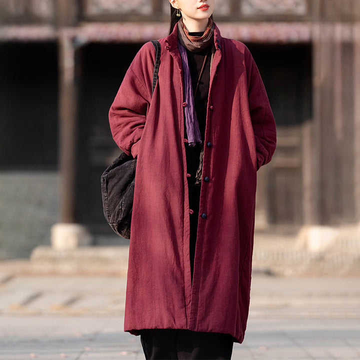 Buddha Stones Winter Solid Frog-Button Ramie Cotton Women's Long Sleeve Thermal Coat With Pockets - image 16