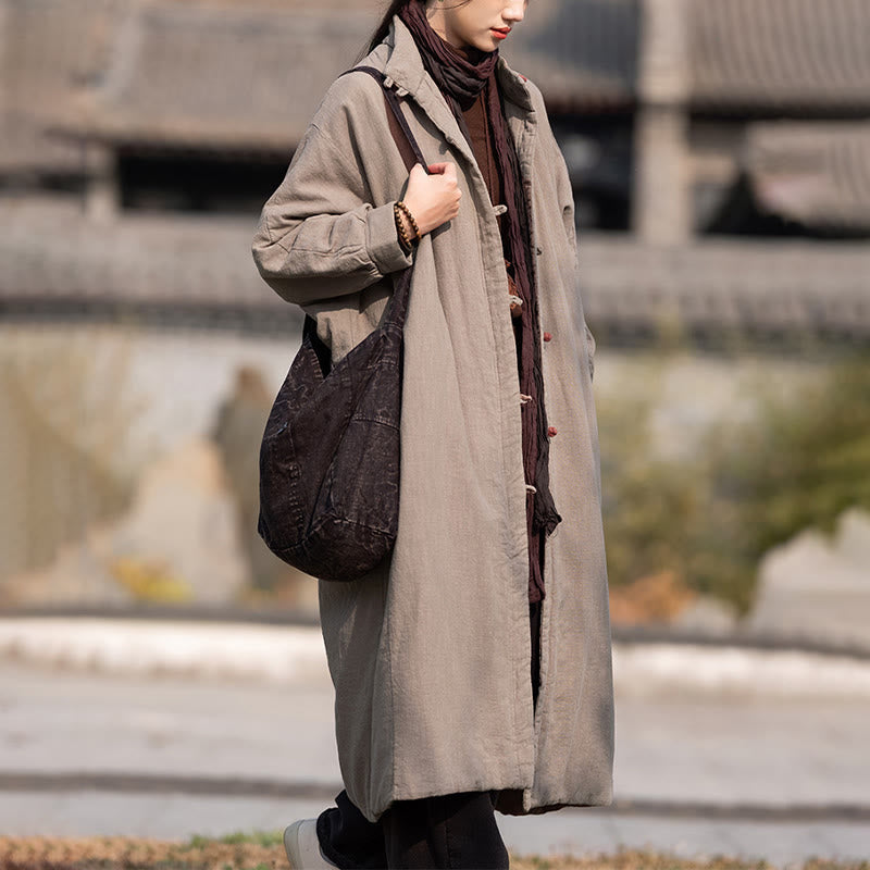 Buddha Stones Winter Solid Frog-Button Ramie Cotton Women's Long Sleeve Thermal Coat With Pockets - image 26