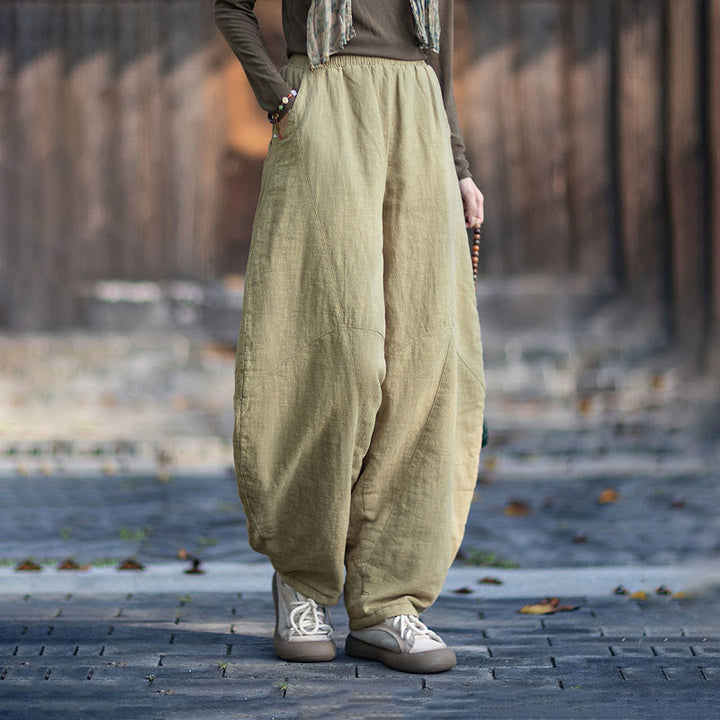 Buddha Stones Winter Elastic Waist Ramie Cotton Thermal Women's Pants With Pockets - image 2