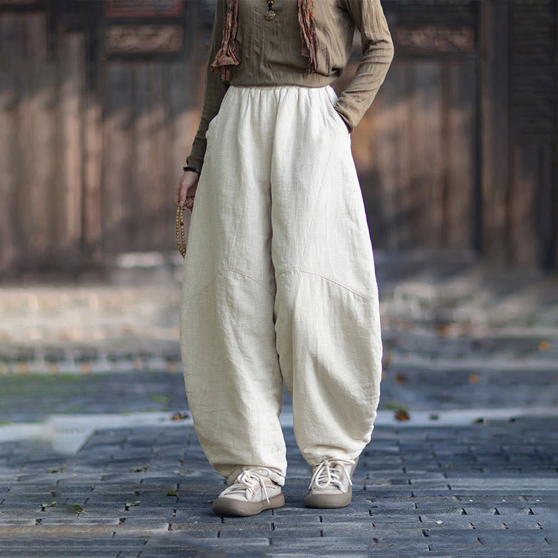 Buddha Stones Winter Elastic Waist Ramie Cotton Thermal Women's Pants With Pockets - image 12