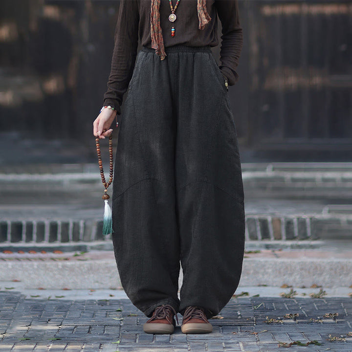 Buddha Stones Winter Elastic Waist Ramie Cotton Thermal Women's Pants With Pockets - image 26