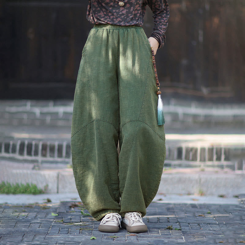 Buddha Stones Winter Elastic Waist Ramie Cotton Thermal Women's Pants With Pockets - image 29