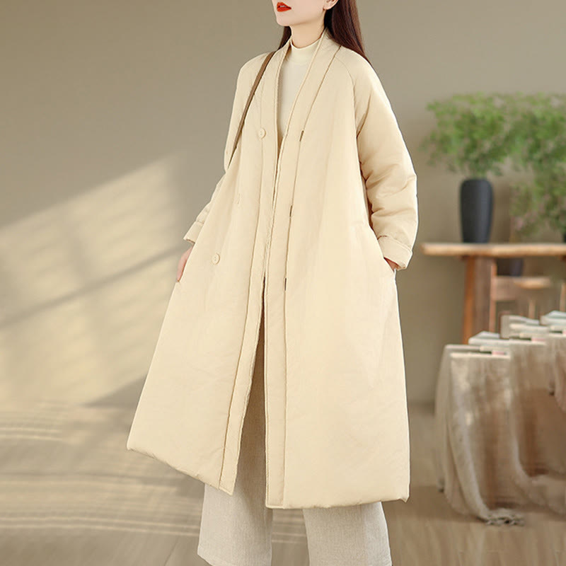Buddha Stones Winter V-Neck Buttons Long Sleeve Thermal Women's Cotton Coat With Pockets - image 16