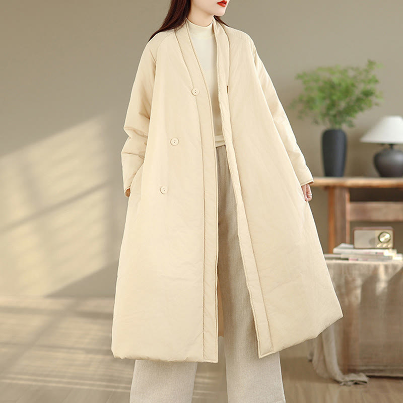Buddha Stones Winter V-Neck Buttons Long Sleeve Thermal Women's Cotton Coat With Pockets - image 13
