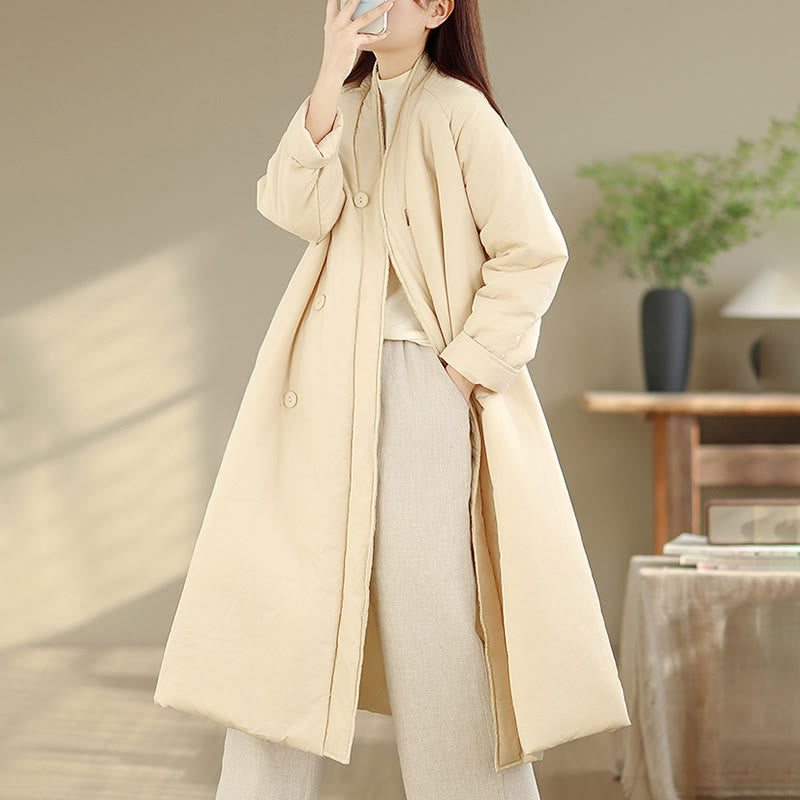 Buddha Stones Winter V-Neck Buttons Long Sleeve Thermal Women's Cotton Coat With Pockets - image 18