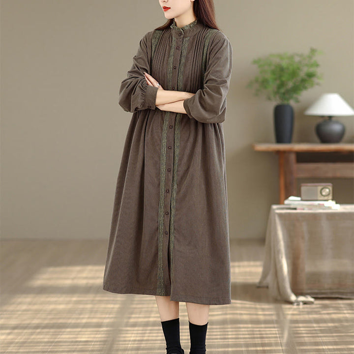 Buddha Stones Winter Pleated Buttons Down Long Sleeve Corduroy Women's Midi Dress With Pockets - Tan - US8-10，UK/AU12-14，EU40-42 (2XL) - image 0