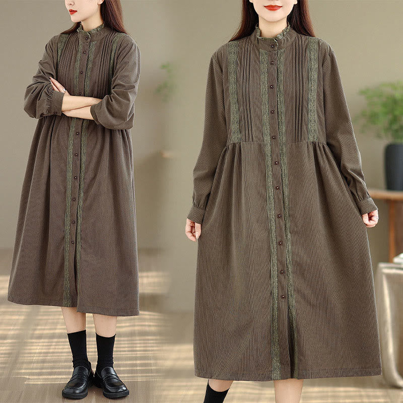 Buddha Stones Winter Pleated Buttons Down Long Sleeve Corduroy Women's Midi Dress With Pockets - image 6