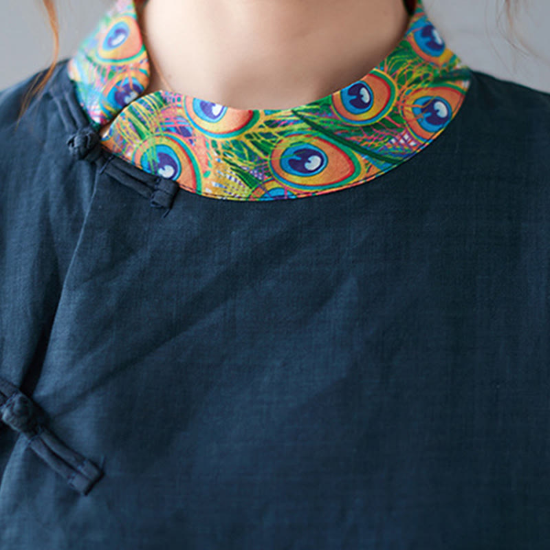 Buddha Stones Fall Colorful Peacocks Mandala Frog-Button Three Quarter Sleeve Cotton Women's Midi Dress - image 13