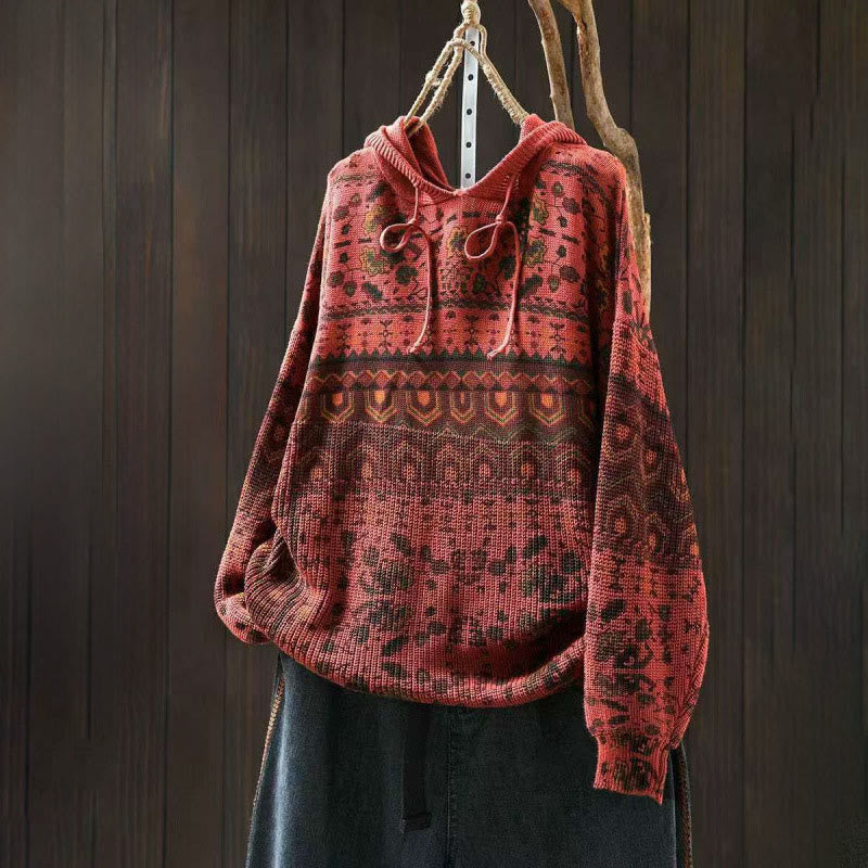 Buddha Stones Fall Striped Geometric Flowers Cotton Women's Long Sleeve Pullover Knitted Hoodie - Tomato - US4-6，UK/AU8-10，EU36-38 (F) - image 2