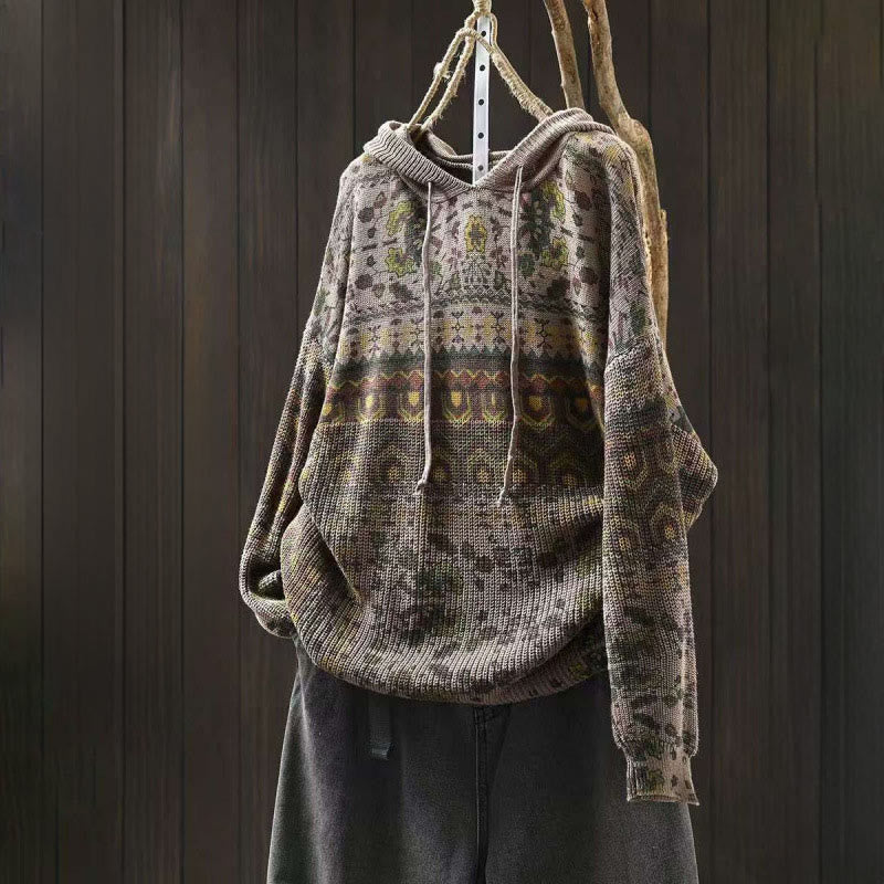 Buddha Stones Fall Striped Geometric Flowers Cotton Women's Long Sleeve Pullover Knitted Hoodie - DarkKhaki - US4-6，UK/AU8-10，EU36-38 (F) - image 12