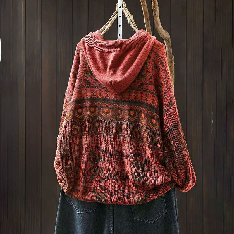 Buddha Stones Fall Striped Geometric Flowers Cotton Women's Long Sleeve Pullover Knitted Hoodie - image 3