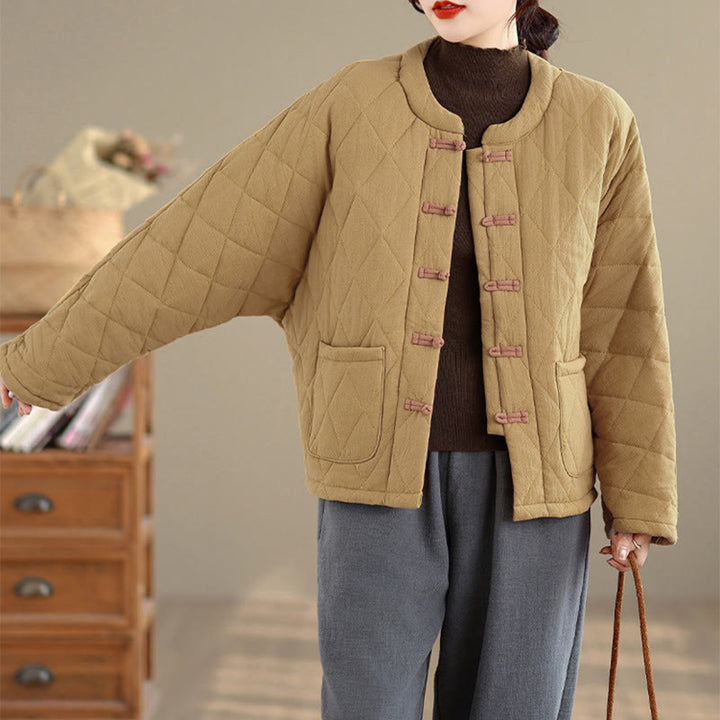 Buddha Stones Winter Frog-Button Diamond-shaped Lines Cotton Long Sleeve Women's Thermal Jacket With Pockets - image 7