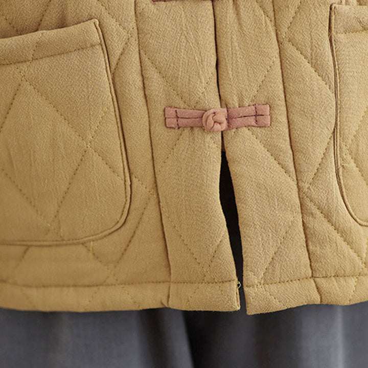 Buddha Stones Winter Frog-Button Diamond-shaped Lines Cotton Long Sleeve Women's Thermal Jacket With Pockets - image 12