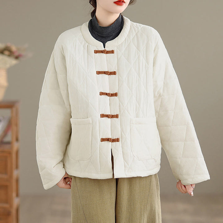 Buddha Stones Winter Frog-Button Diamond-shaped Lines Cotton Long Sleeve Women's Thermal Jacket With Pockets - image 20