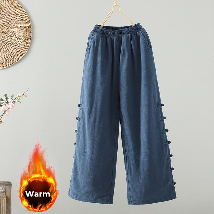 Buddha Stones Winter Elastic Waist Frog-Button Design Cotton Thermal Women's Straight Leg Pants With Pockets - SteelBlue - US8-10，UK/AU12-14，EU40-42 (2XL) - image 1