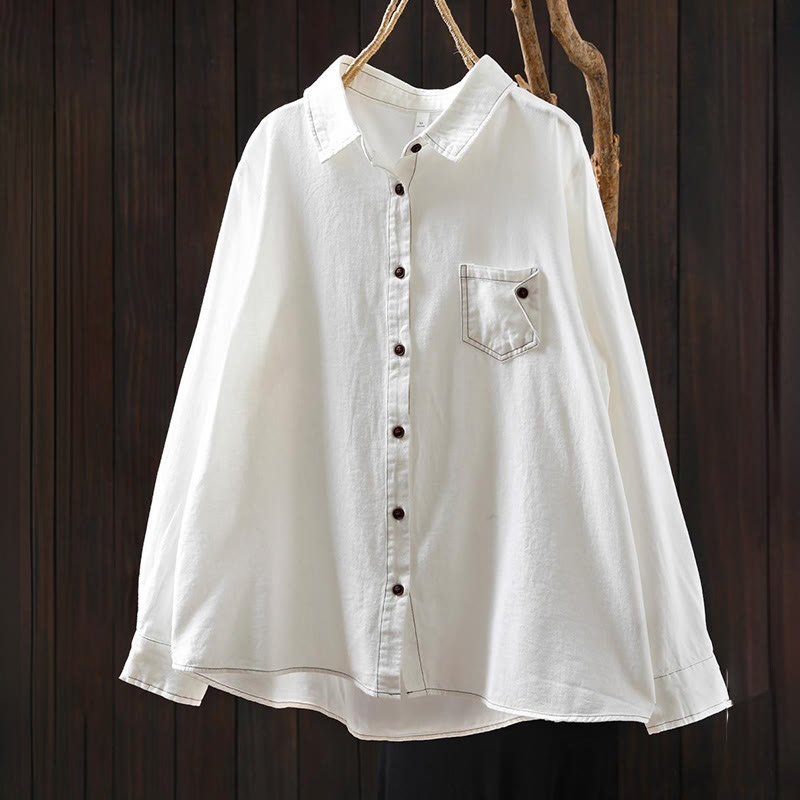 Buddha Stones Fall Buttons Down Pocket Decor Design Women's Stand Collar Long Sleeve Cotton Shirt - image 1