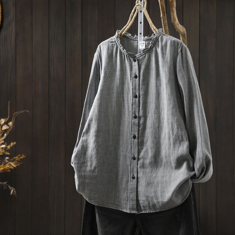 Buddha Stones Fall Small Plaid Button Down Ruffle Collar Long Sleeve Women's Cotton Shirt - LightGrey - US6，UK/AU10，EU38 (L) - image 15