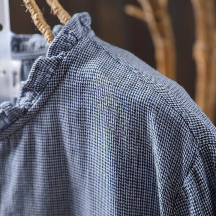 Buddha Stones Fall Small Plaid Button Down Ruffle Collar Long Sleeve Women's Cotton Shirt - image 5