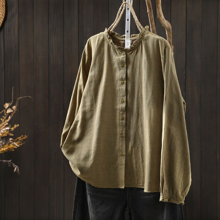 Buddha Stones Fall Tiny Plaid Button Down Ruffle Collar Long Sleeve Women's Cotton Shirt - DarkKhaki - US6，UK/AU10，EU38 (L) - image 13