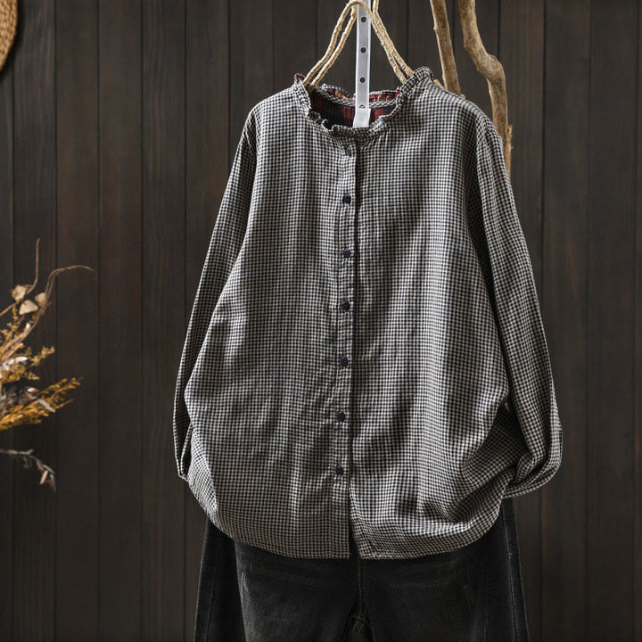Buddha Stones Fall Tiny Plaid Button Down Ruffle Collar Long Sleeve Women's Cotton Shirt - Gray - US6，UK/AU10，EU38 (L) - image 15