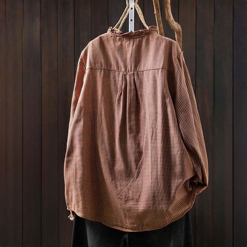 Buddha Stones Fall Tiny Plaid Button Down Ruffle Collar Long Sleeve Women's Cotton Shirt - image 2