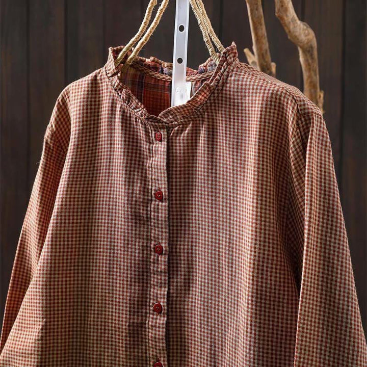 Buddha Stones Fall Tiny Plaid Button Down Ruffle Collar Long Sleeve Women's Cotton Shirt - image 3
