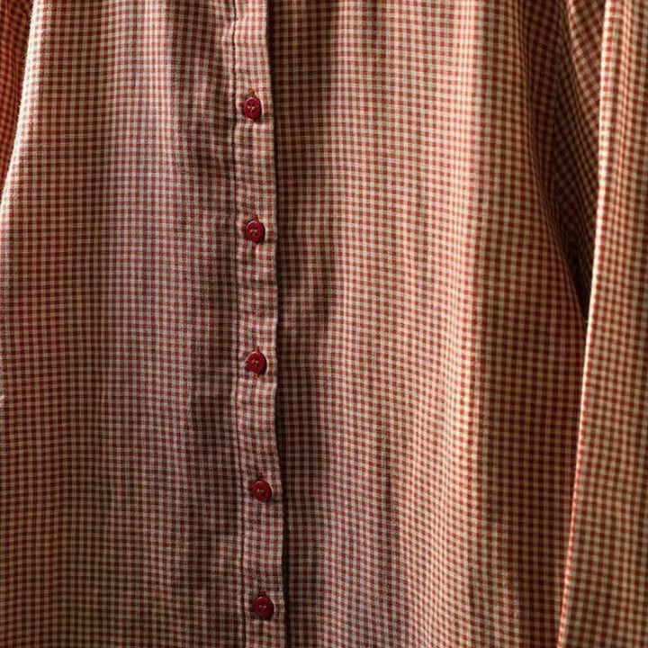 Buddha Stones Fall Tiny Plaid Button Down Ruffle Collar Long Sleeve Women's Cotton Shirt - image 8