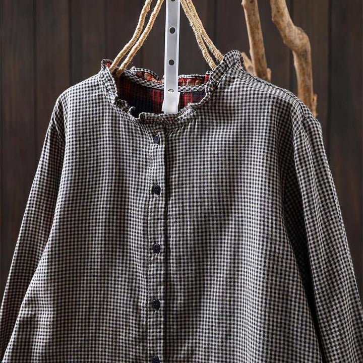Buddha Stones Fall Tiny Plaid Button Down Ruffle Collar Long Sleeve Women's Cotton Shirt - image 16