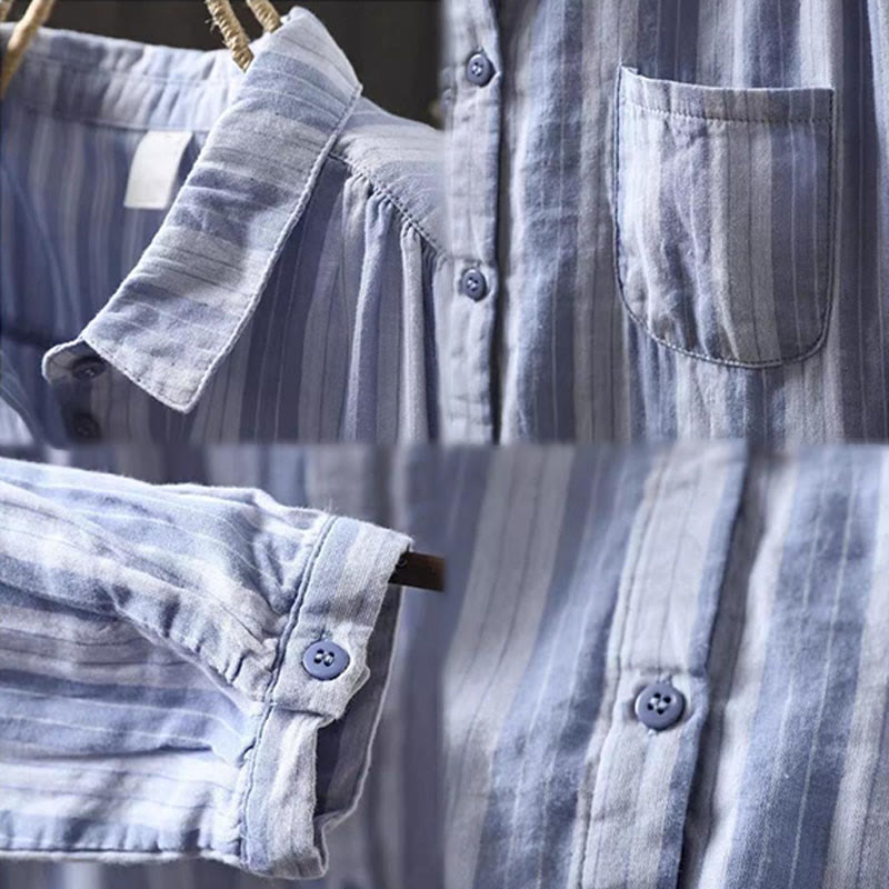 Buddha Stones Fall Vertical Stripes Button Down Stand Collar Long Sleeve Women's Cotton Shirt - image 12