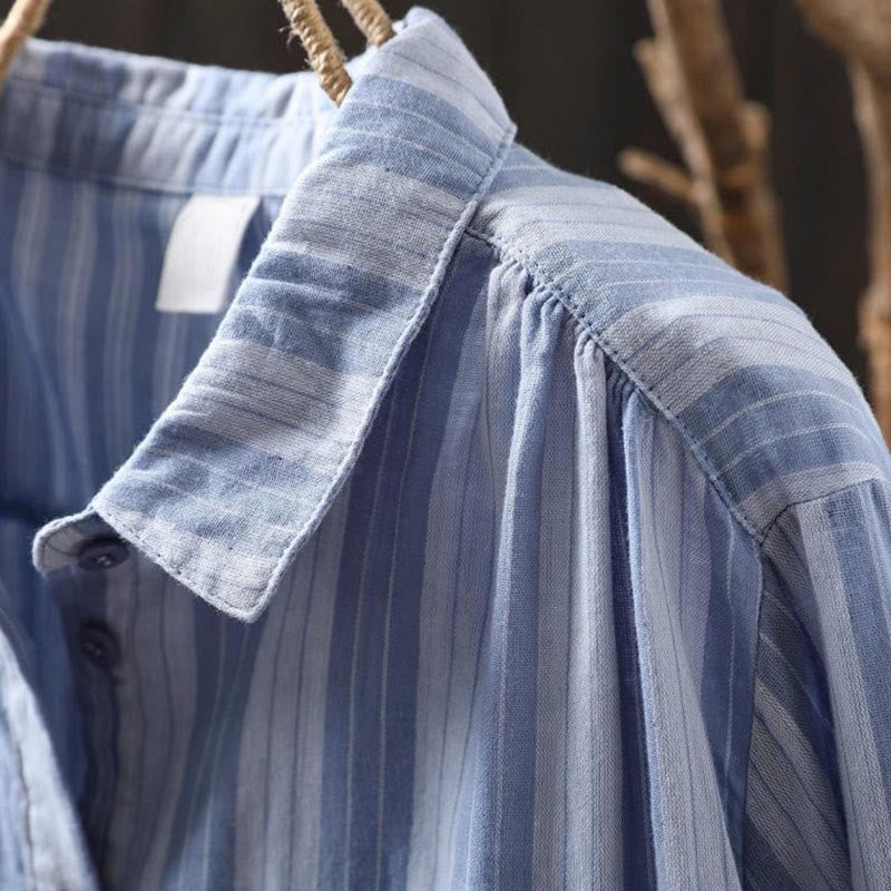 Buddha Stones Fall Vertical Stripes Button Down Stand Collar Long Sleeve Women's Cotton Shirt - image 3