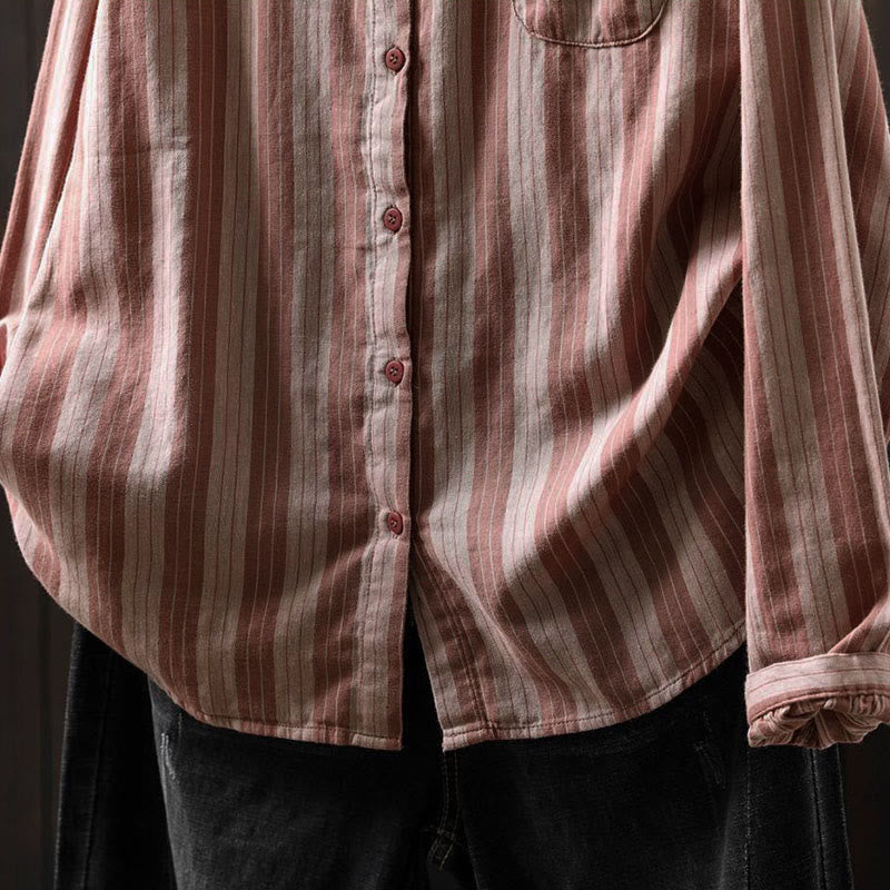 Buddha Stones Fall Vertical Stripes Button Down Stand Collar Long Sleeve Women's Cotton Shirt - image 21