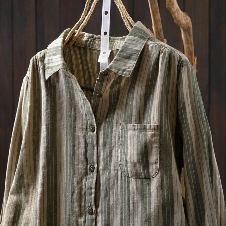 Buddha Stones Fall Vertical Stripes Button Down Stand Collar Long Sleeve Women's Cotton Shirt - image 26
