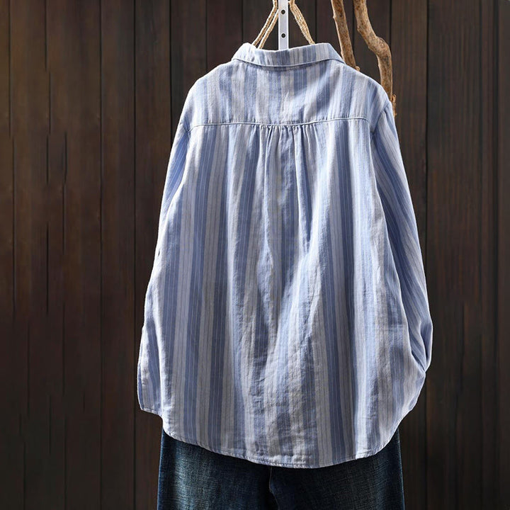 Buddha Stones Fall Vertical Stripes Button Down Stand Collar Long Sleeve Women's Cotton Shirt - image 1