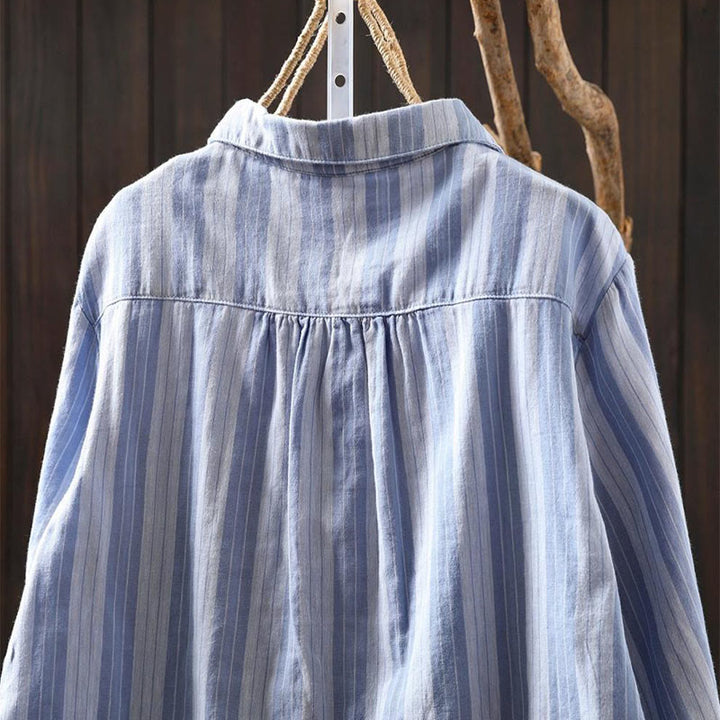 Buddha Stones Fall Vertical Stripes Button Down Stand Collar Long Sleeve Women's Cotton Shirt - image 4