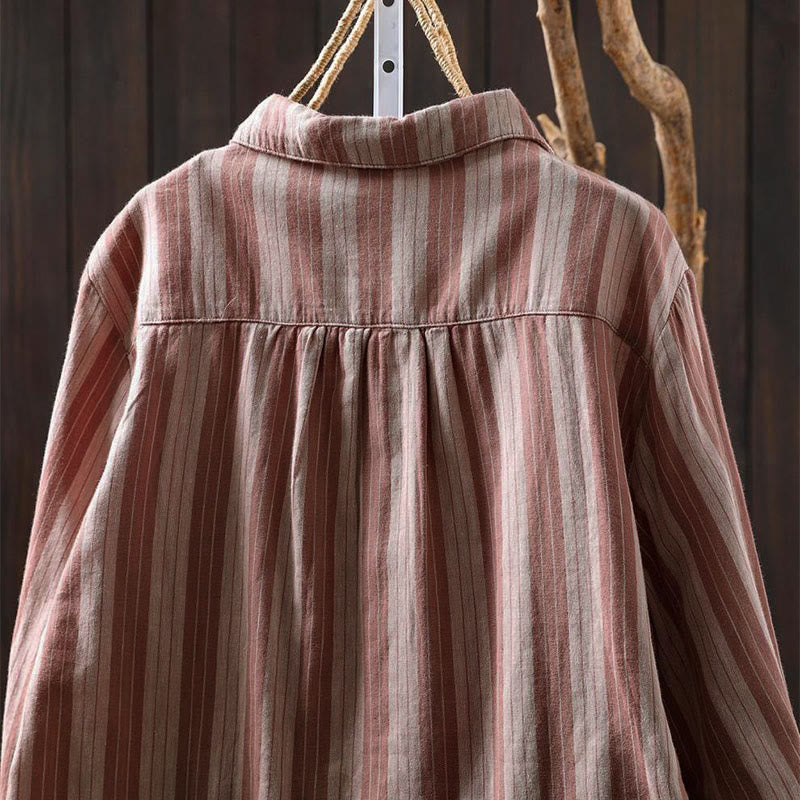 Buddha Stones Fall Vertical Stripes Button Down Stand Collar Long Sleeve Women's Cotton Shirt - image 18