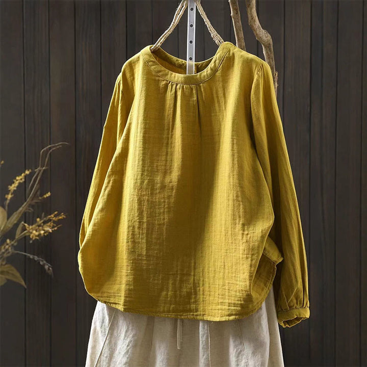 Buddha Stones Fall Crew Neck Back Button Down Design Long Sleeve Women's Cotton Shirt - Yellow - US6，UK/AU10，EU38 (L) - image 9