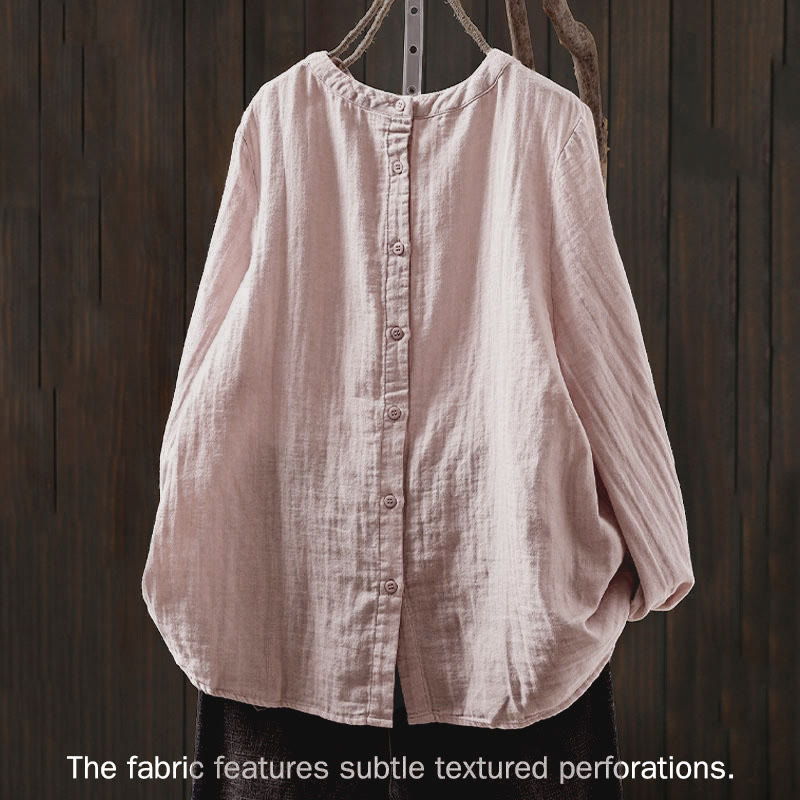 Buddha Stones Fall Crew Neck Back Button Down Design Long Sleeve Women's Cotton Shirt - image 1