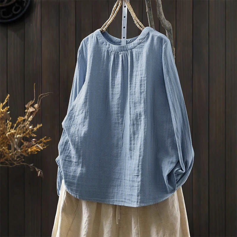 Buddha Stones Fall Crew Neck Back Button Down Design Long Sleeve Women's Cotton Shirt - LightSkyBlue - US6，UK/AU10，EU38 (L) - image 11